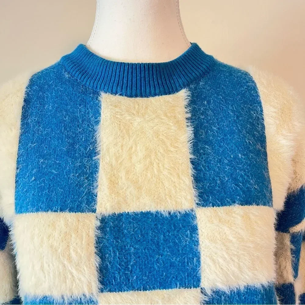 FRNCH Lio Cozy Fuzzy Sweater Blue White Abstract Colorblock Size Small
